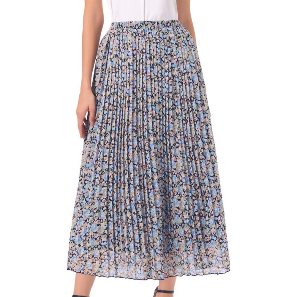 Women Elastic Waist Casual Floral Pleated Maxi Skirt Dark Blue